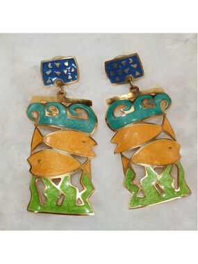 Fish Signed Edgar Berebi 1980s Enamel Dangle Stud Earrings